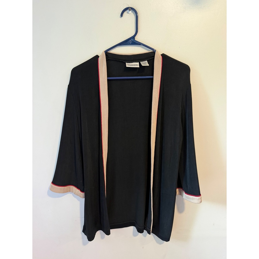 Chicos Travelers Black Open Front Cardigan Tan Red Trim Size 0 XS S 1699